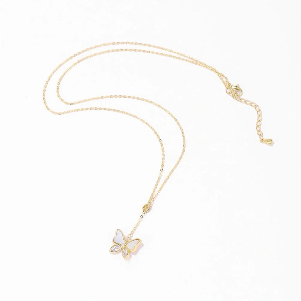 Butterfly Y Necklace | Mother of Pearl & CZ Stone 14k Gold Plated